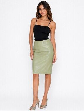 American Retro Pinta Skirt Green 100% Lamb Leather Pencil Skirt Size 36 XS